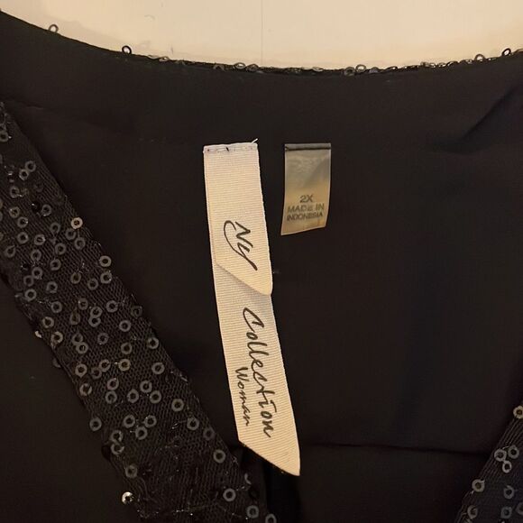 Ny Collection sheer black blouse embellished with sequins down center and V-neck - Picture 8 of 10